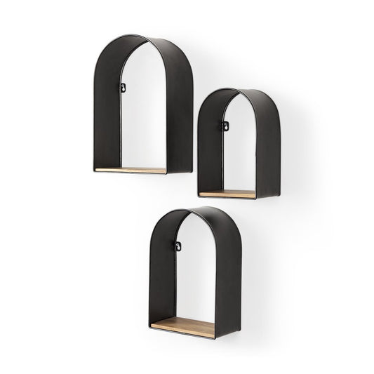 Juego de tres estantes arqueados de pared de metal y madera maciza, en negro y marrón