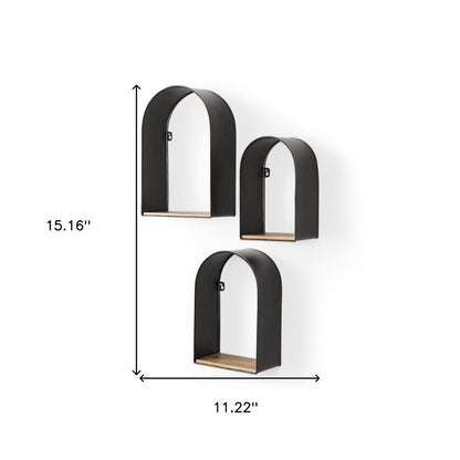 Set Of Three Black And Brown Metal And Solid Wood Arched Wall Mounted Accent Shelf