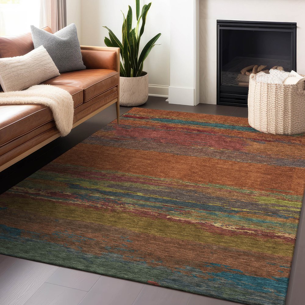 9' X 12' Terra Cotta Abstract Washable Indoor Outdoor Area Rug