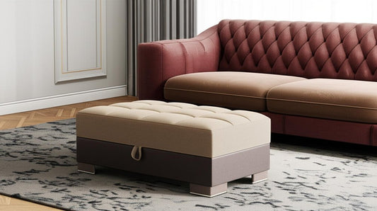 50" Tan and Brown Chenille And Faux Leather Storage Ottoman