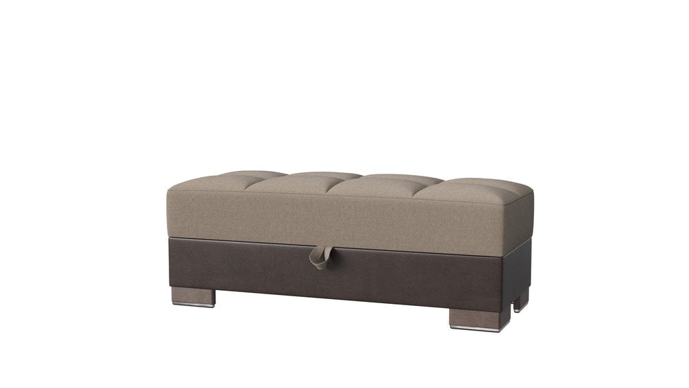 50" Tan and Brown Chenille And Faux Leather Storage Ottoman