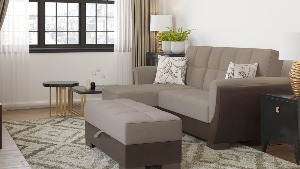 50" Tan and Brown Chenille And Faux Leather Storage Ottoman