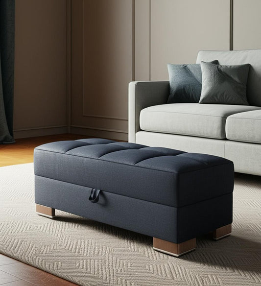 50" Dark Blue and Brown Chenille Storage Ottoman