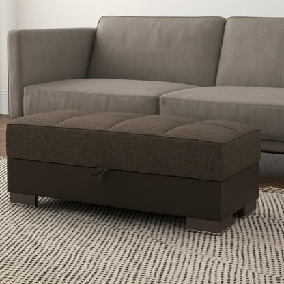 50" Brown and Black Upholstered Fabric And Faux Leather Tufted Storage Ottoman