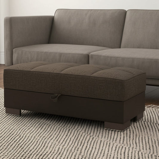 50" Brown and Black Upholstered Fabric And Faux Leather Tufted Storage Ottoman