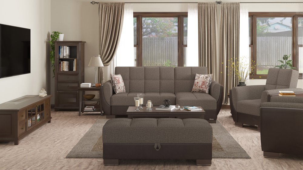 50" Brown and Black Upholstered Fabric And Faux Leather Tufted Storage Ottoman