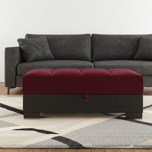 52" Burgundy and Brown Microfiber And Faux Leather Tufted Storage Ottoman