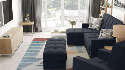 52" Dark Blue and Brown Chenille Tufted Storage Ottoman