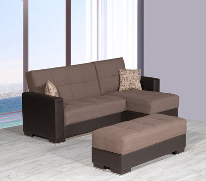 52" Brown Chenille And Faux Leather Tufted Storage Ottoman