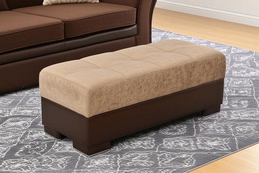 52" Tan and Brown Chenille And Faux Leather Storage Ottoman