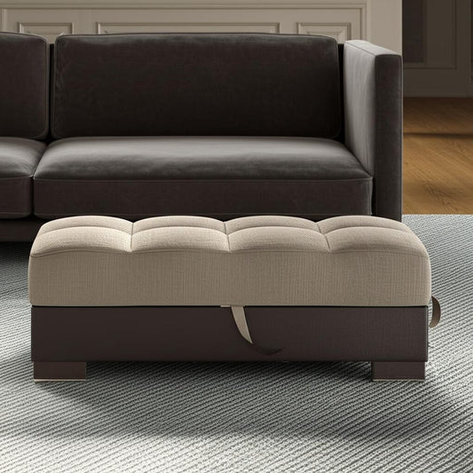 52" Sand and Brown Chenille And Faux Leather Storage Ottoman