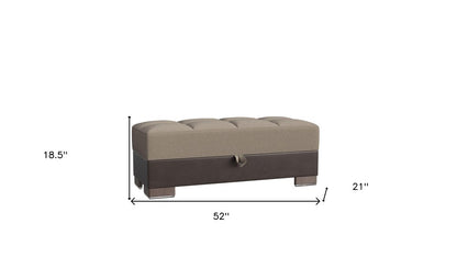 52" Sand and Brown Chenille And Faux Leather Storage Ottoman