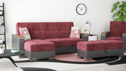 52" Burgundy Black and Brown Faux Leather And Microfiber Tufted Storage Ottoman