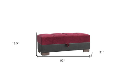 52" Burgundy Black and Brown Faux Leather And Microfiber Tufted Storage Ottoman