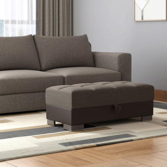 52" Brown Chenille And Faux Leather Tufted Storage Ottoman