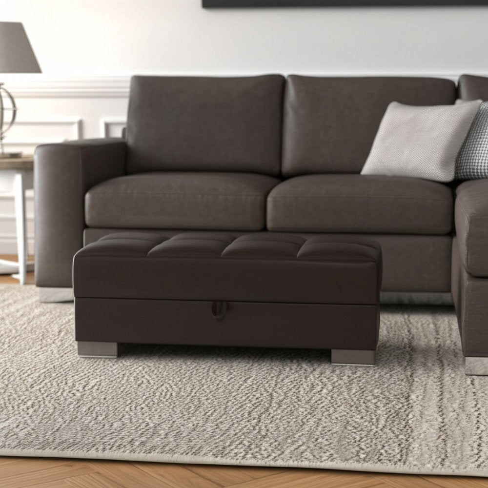 52" Brown Faux Leather Tufted Storage Ottoman