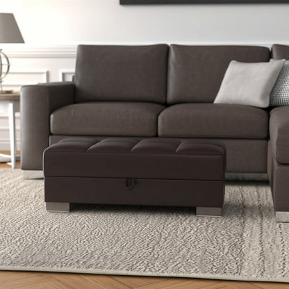 52" Brown Faux Leather Tufted Storage Ottoman