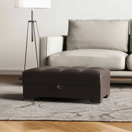 52" Brown Faux Leather Tufted Storage Ottoman