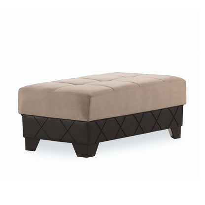48" Taupe and Espresso Faux Leather And Microfiber Tufted Storage Ottoman