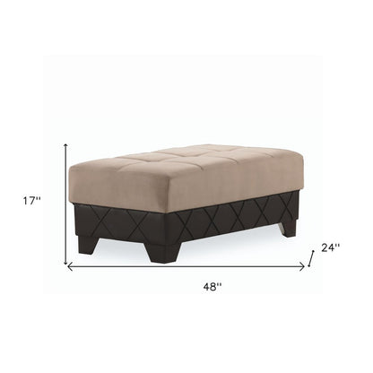 48" Taupe and Espresso Faux Leather And Microfiber Tufted Storage Ottoman