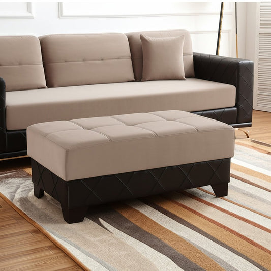 48" Taupe and Espresso Faux Leather And Microfiber Tufted Storage Ottoman