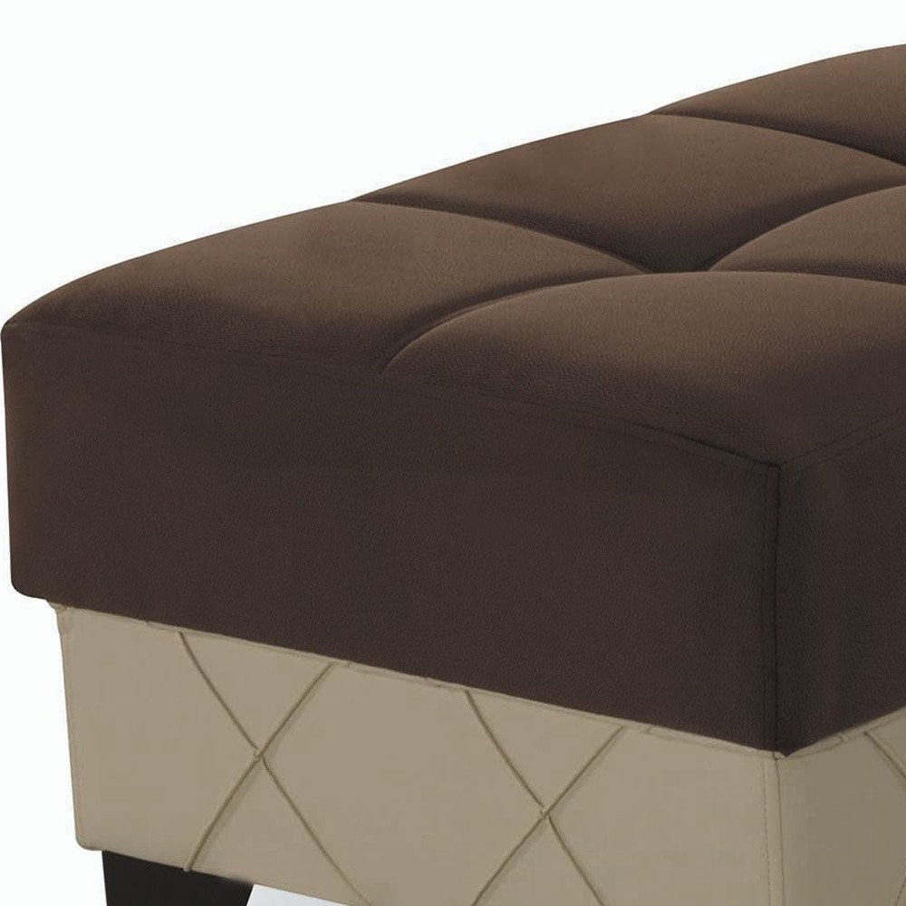 48" Brown and Cream Faux Leather And Microfiber Tufted Storage Ottoman