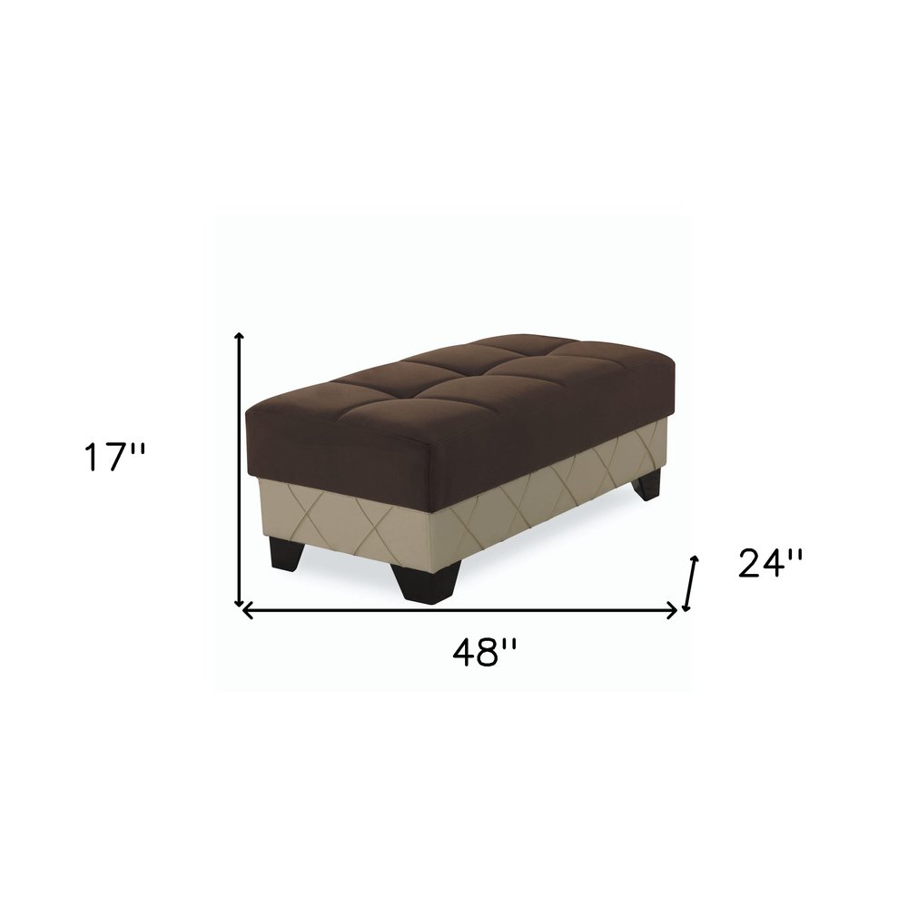 48" Brown and Cream Faux Leather And Microfiber Tufted Storage Ottoman