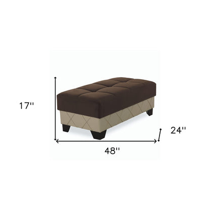 48" Brown and Cream Faux Leather And Microfiber Tufted Storage Ottoman