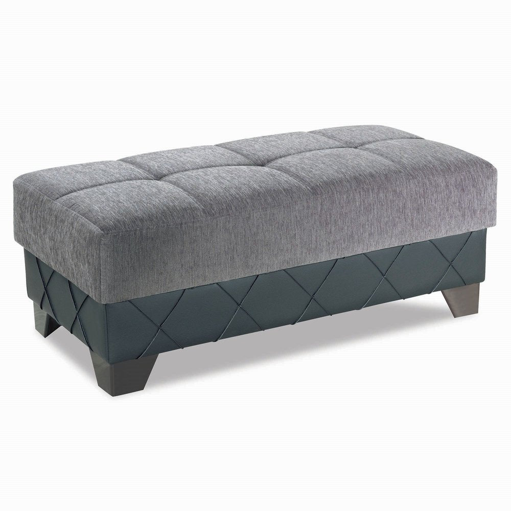 48" Gray and Brown Chenille And Faux Leather Tufted Storage Ottoman