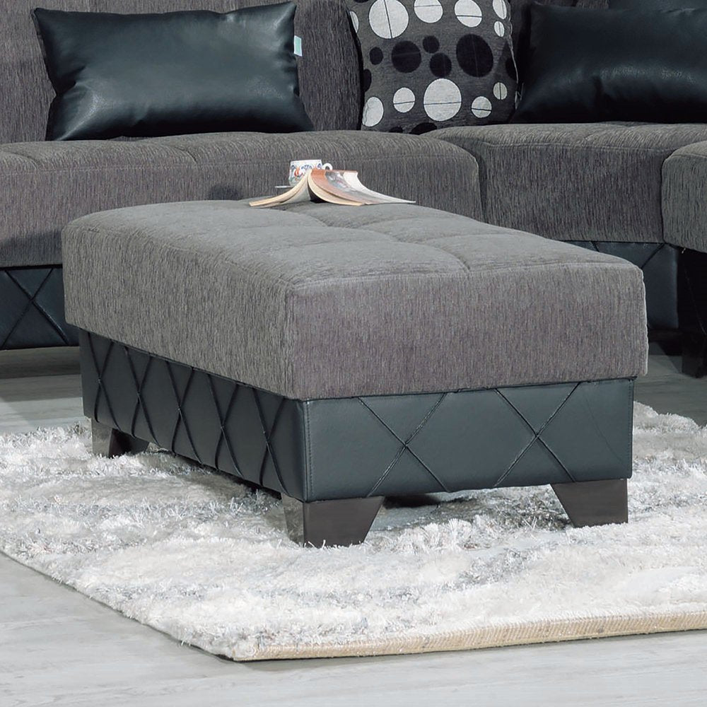 48" Gray and Brown Chenille And Faux Leather Tufted Storage Ottoman