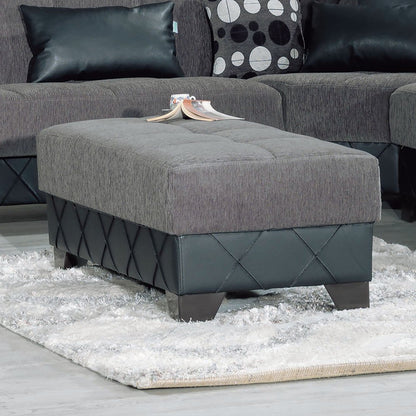 48" Gray and Brown Chenille And Faux Leather Tufted Storage Ottoman