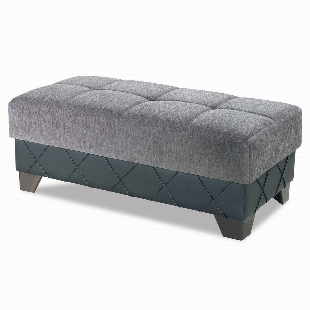 48" Gray and Brown Chenille And Faux Leather Tufted Storage Ottoman