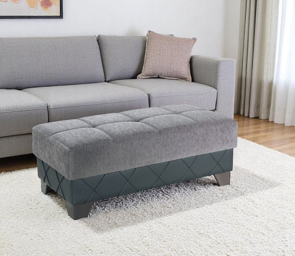 48" Gray and Brown Chenille And Faux Leather Tufted Storage Ottoman