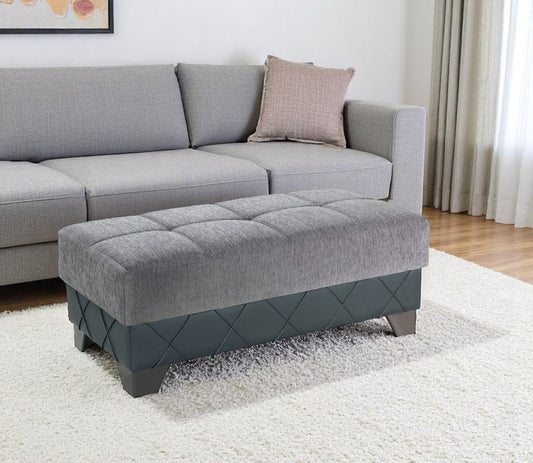 48" Gray and Brown Chenille And Faux Leather Tufted Storage Ottoman