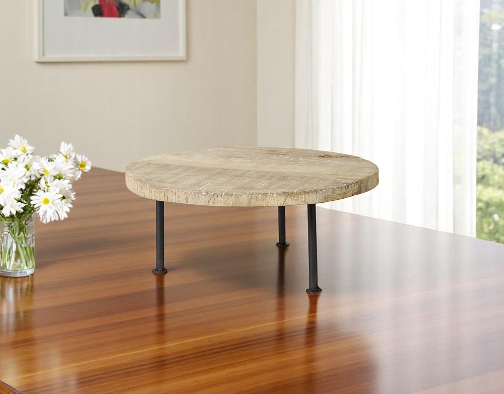 Bandeja elevadora redonda de madera maciza de 15" hecha a mano, de color marrón claro y negro