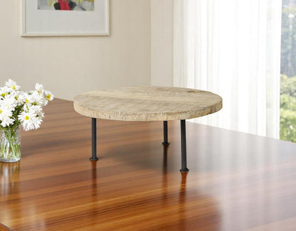 Bandeja elevadora redonda de madera maciza de 15" hecha a mano, de color marrón claro y negro