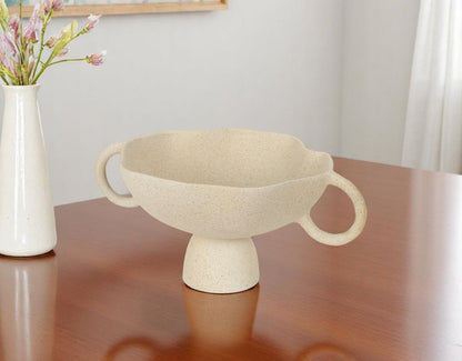 11" Beige Cast Aluminum Round Pedestal Centerpiece Bowl With Handles
