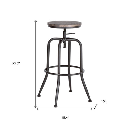 Set of Two Walnut and Black Wood and Iron Backless Adjustable Height Swivel Bar Chairs