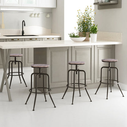 Set of Two Walnut and Black Wood and Iron Backless Adjustable Height Swivel Bar Chairs