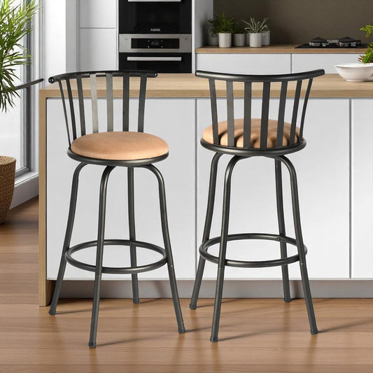 Set of Two Brown and Black Faux Leather and Iron Low Back Adjustable Height Swivel Bar Chairs