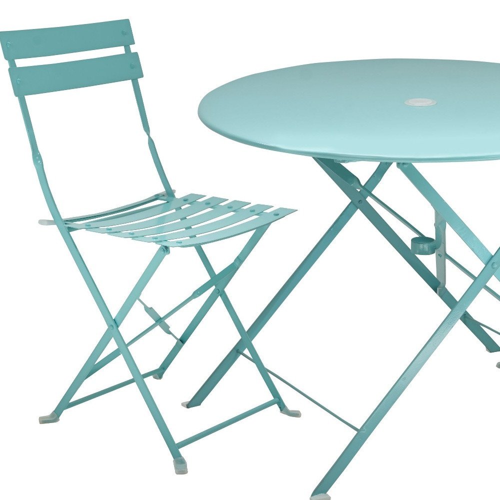 Three Piece Teal Blue Round Metal Dining Set with Two Chairs