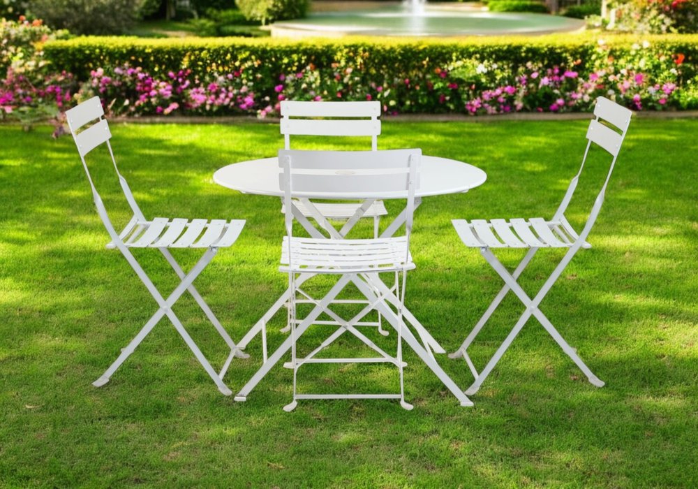 Five Piece White Round Metal Dining Set with Four Chairs