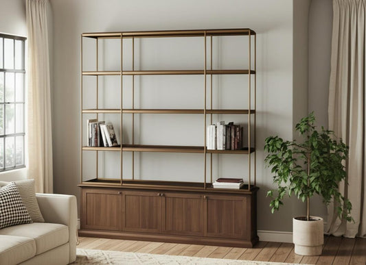82" Antiqued Brass And Brown Distressed Metal and Solid Wood Four Tier Bookcase with Four Doors