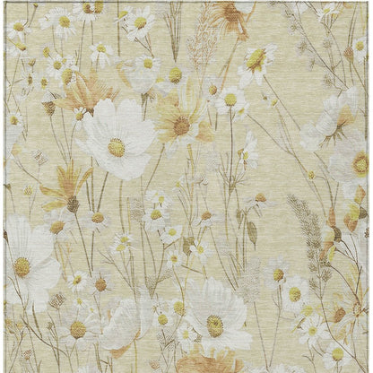 9' X 12' Wheat And Ivory Floral Washable Indoor Outdoor Area Rug
