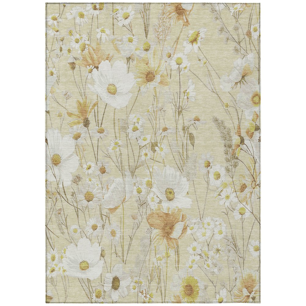 9' X 12' Wheat And Ivory Floral Washable Indoor Outdoor Area Rug