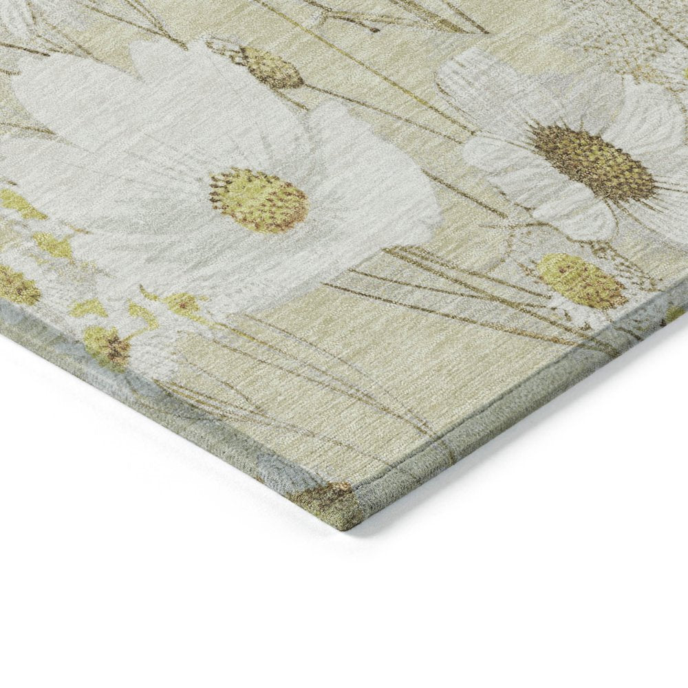 9' X 12' Wheat And Ivory Floral Washable Indoor Outdoor Area Rug