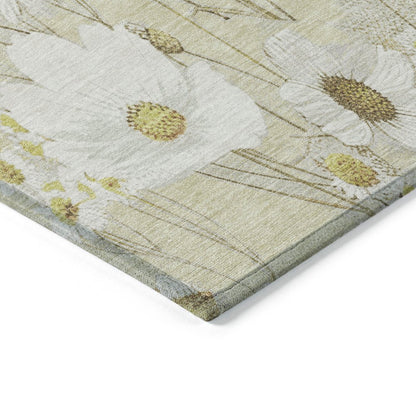 9' X 12' Wheat And Ivory Floral Washable Indoor Outdoor Area Rug