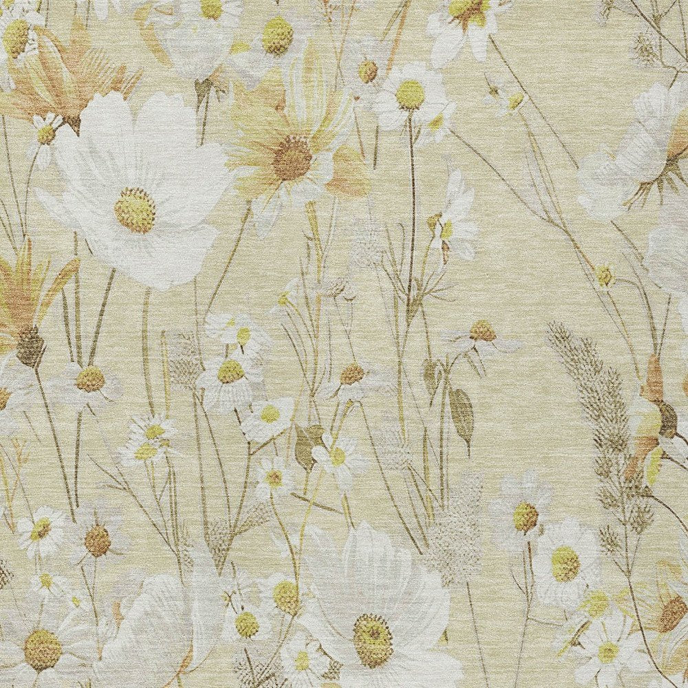 9' X 12' Wheat And Ivory Floral Washable Indoor Outdoor Area Rug