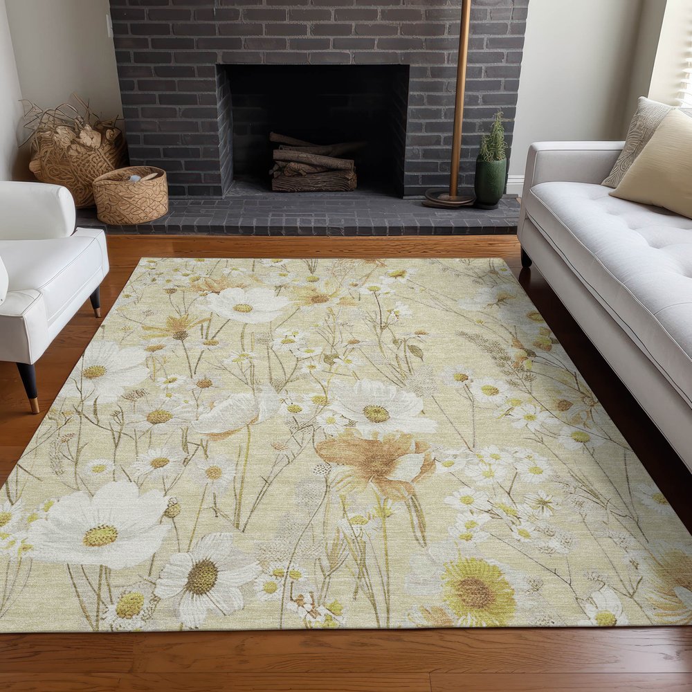9' X 12' Wheat And Ivory Floral Washable Indoor Outdoor Area Rug