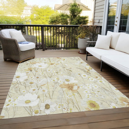 9' X 12' Wheat And Ivory Floral Washable Indoor Outdoor Area Rug